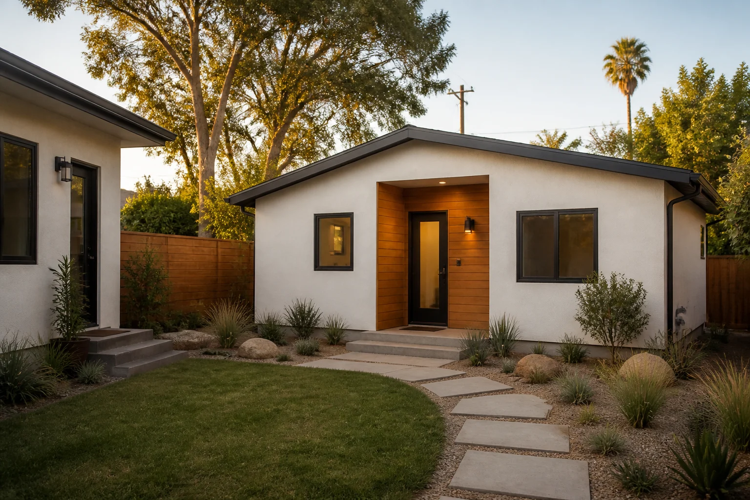 Completed detached backyard ADU beside an existing Los Angeles home